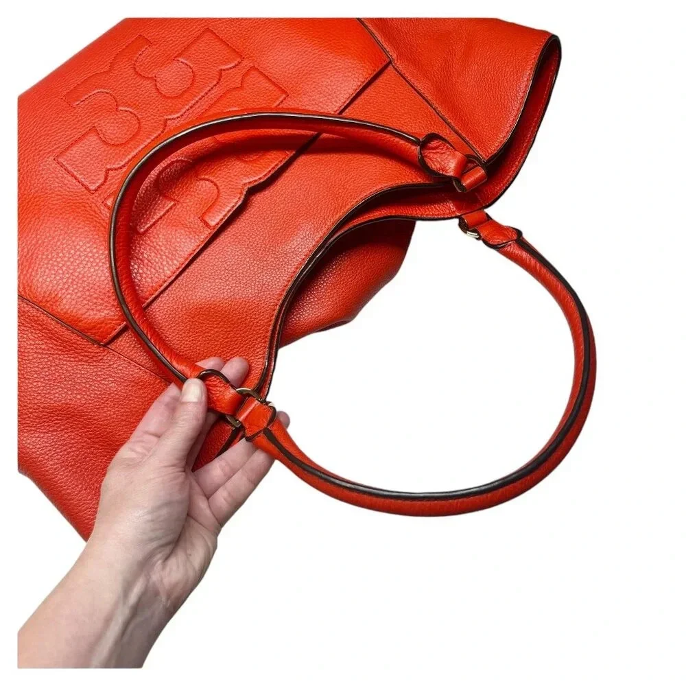 Tory Burch Red Pebble Leather Large Duel Handle Tote Bag